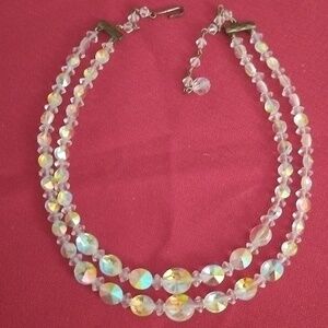 Vtg. Austrian AB Crystal 2 Strand rare cut Choker Necklace